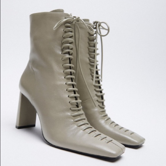 ZARA LACED LEATHER HIGH-HEEL ANKLE BOOTS - Picture 14 of 15